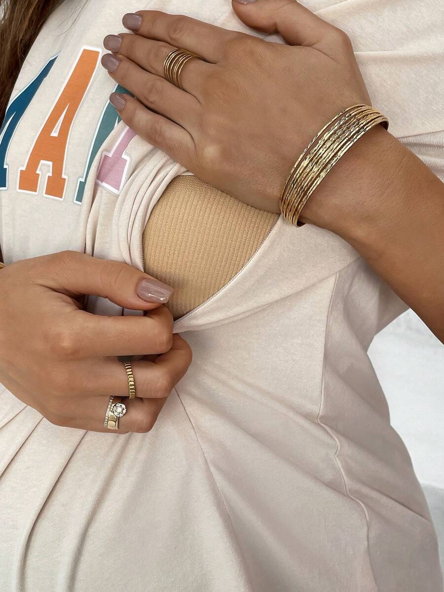 Mama Letter Print Maternity Nursing T-Shirt Loose Fit Short Sleeve Cotton Nursing Top in Apricot for Mother's Day and Spring