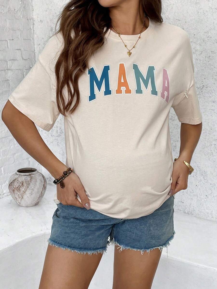 Mama Letter Print Maternity Nursing T-Shirt Loose Fit Short Sleeve Cotton Nursing Top in Apricot for Mother's Day and Spring