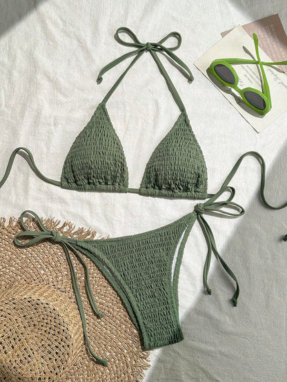 Swim Vcay Solid Color Halter Twist Bikini Two Pieces Swimwear, Suitable For Summer