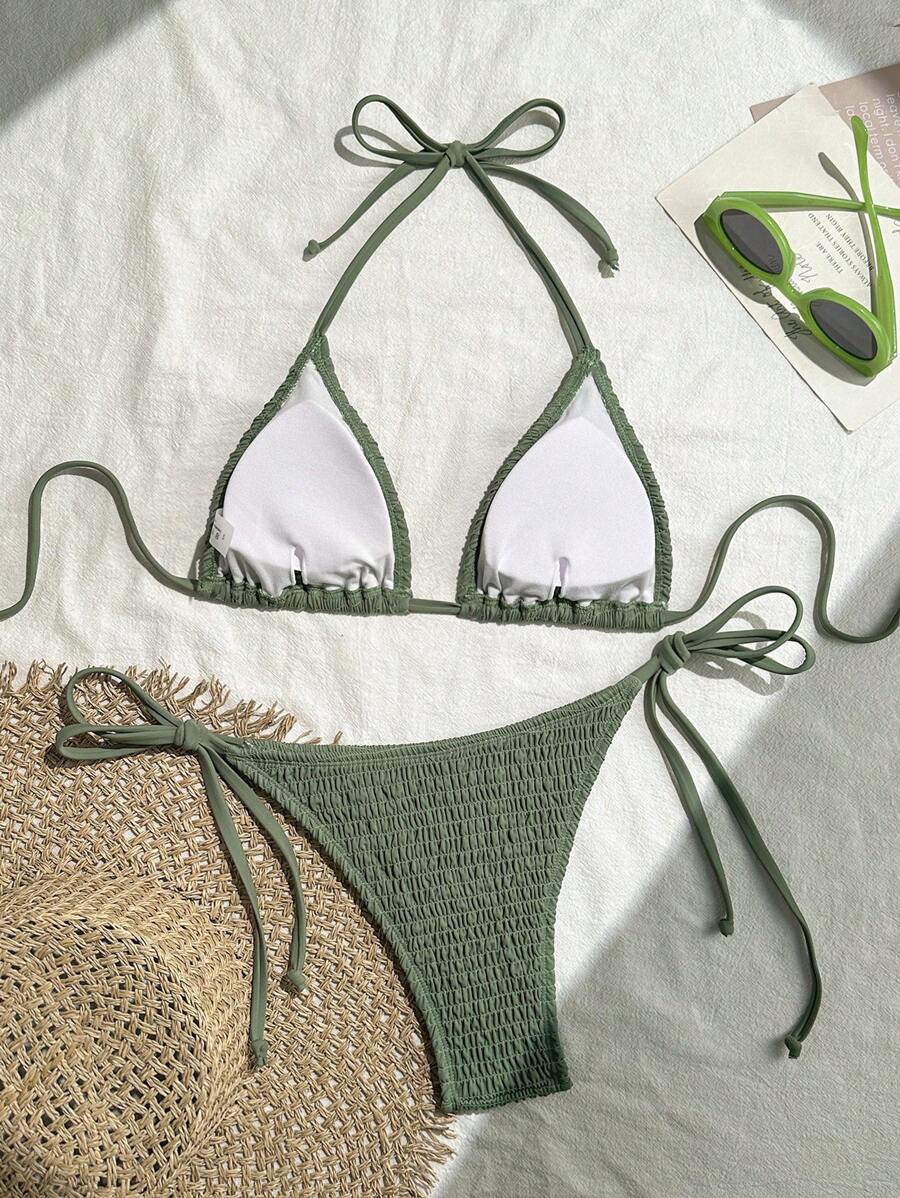 Swim Vcay Solid Color Halter Twist Bikini Two Pieces Swimwear, Suitable For Summer