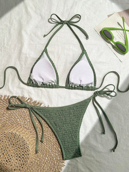 Swim Vcay Solid Color Texture Split Bikini Set, Vacation Beach For Summer