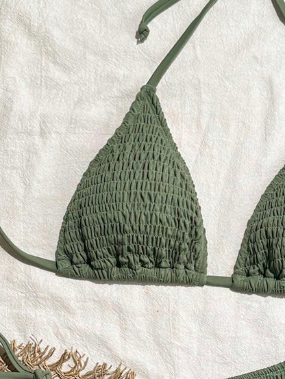 Swim Vcay Solid Color Texture Split Bikini Set, Vacation Beach For Summer