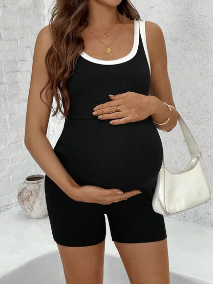 Maternity Contrast Trim Sleeveless Romper - Scoop Neck High Waist Knit Unitard Skinny Fit Casual Short Jumpsuit
