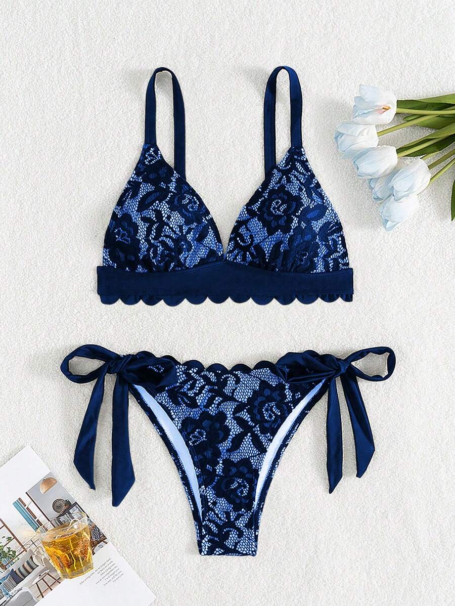 Swim Vcay 2pcs Women Beach Outfits - Lace Shell Trim Spaghetti Strap Tie-Up Bikini Set For Summer Beach Vacation