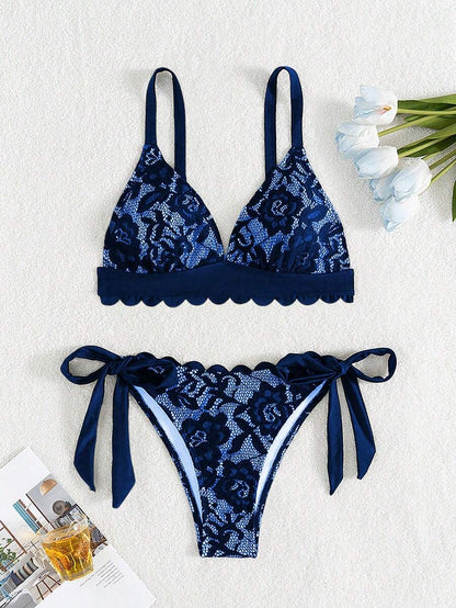 Swim Vcay 2pcs Women Beach Outfits - Lace Shell Trim Spaghetti Strap Tie-Up Bikini Set For Summer Beach Vacation