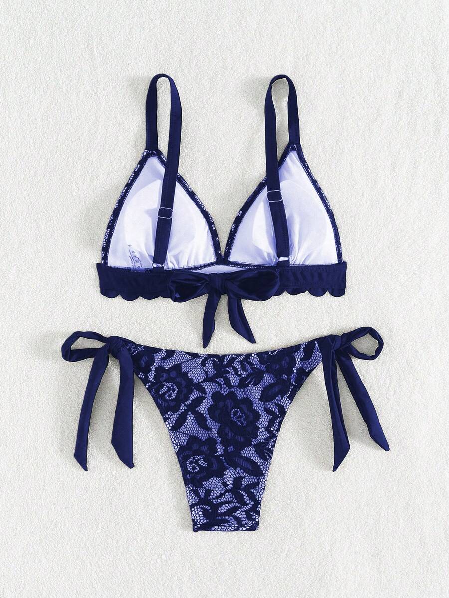 Swim Vcay 2pcs Women Beach Outfits - Lace Shell Trim Spaghetti Strap Tie-Up Bikini Set For Summer Beach Vacation