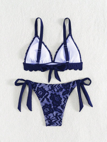 Swim Vcay 2pcs Women Beach Outfits - Lace Shell Trim Spaghetti Strap Tie-Up Bikini Set For Summer Beach Vacation