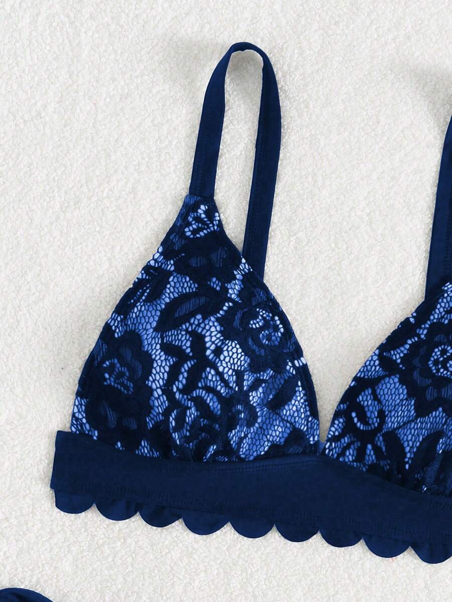 Swim Vcay 2pcs Women Beach Outfits - Lace Shell Trim Spaghetti Strap Tie-Up Bikini Set For Summer Beach Vacation