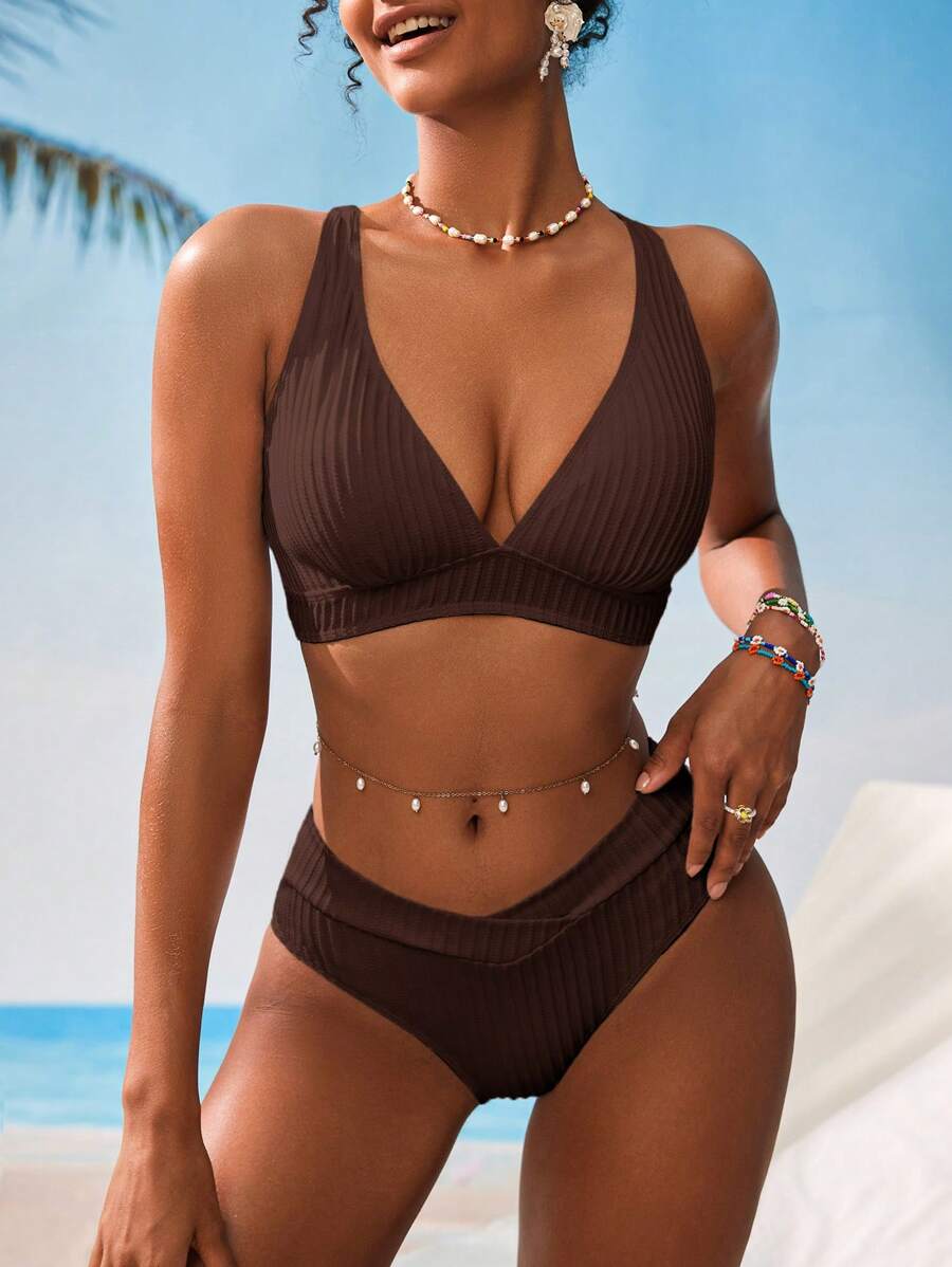 Swim Vcay Women V-Neck Textured Striped Bikini Set For Summer Beach Vacation