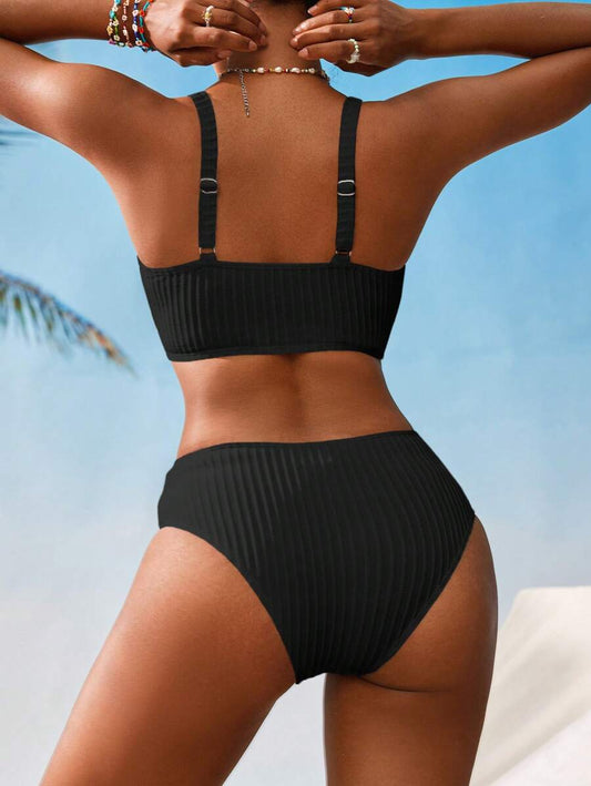 Swim Vcay Women V-Neck Textured Striped Bikini Set For Summer Beach Vacation