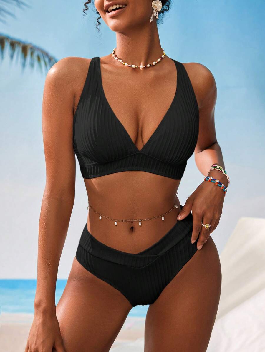Women's V-Neck Textured Tankini Set - Ruched, Spaghetti Strap, High Waist, Multicolor