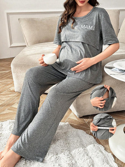Maternity Nursing Pajama Set Women Letter Print Short Sleeve Top and Pants Sleepwear