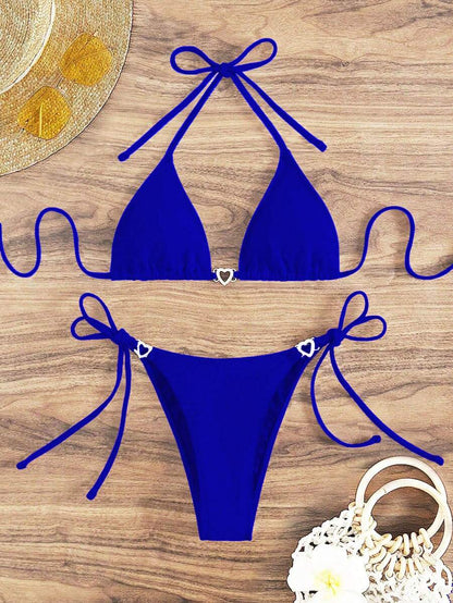 Swim Vcay Summer Beach Women's Solid Color Halter Neck Tie Two Pieces Bikini Set, Perfect For Vacation Swimwear