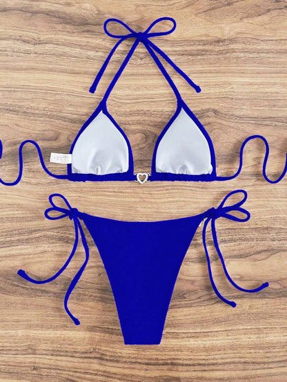 Swim Vcay Summer Beach Women's Solid Color Halter Neck Tie Two Pieces Bikini Set, Perfect For Vacation Swimwear