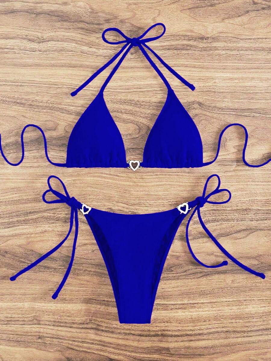 Swim Vcay Summer Beach Women's Solid Color Halter Neck Tie Two Pieces Bikini Set, Perfect For Vacation Swimwear