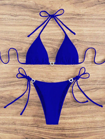 Swim Vcay Summer Beach Women's Solid Color Halter Neck Tie Two Pieces Bikini Set, Perfect For Vacation Swimwear