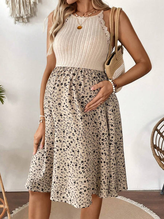 Khaki Patchwork Ditsy Floral Halter Maternity Dress - Belted High-Waist A-Line Beach Vacation Mini Dress