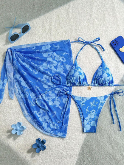 Women's 3-Piece Halter Bikini Set - Beach Dress, Tie-Up, Skirt Bottom, Blue