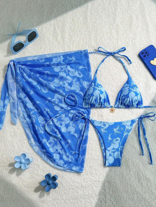 Women's 3-Piece Halter Bikini Set - Beach Dress, Tie-Up, Skirt Bottom, Blue
