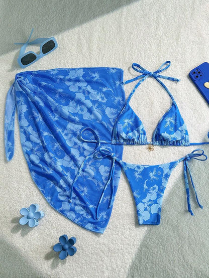 Women's 3-Piece Halter Bikini Set - Beach Dress, Tie-Up, Skirt Bottom, Blue