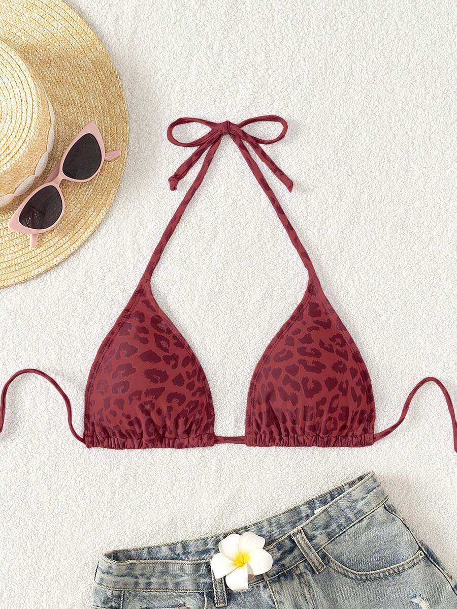 Swim Vcay 1pc Women's Leopard Print Halter Bikini Top For Summer Beach Vacation