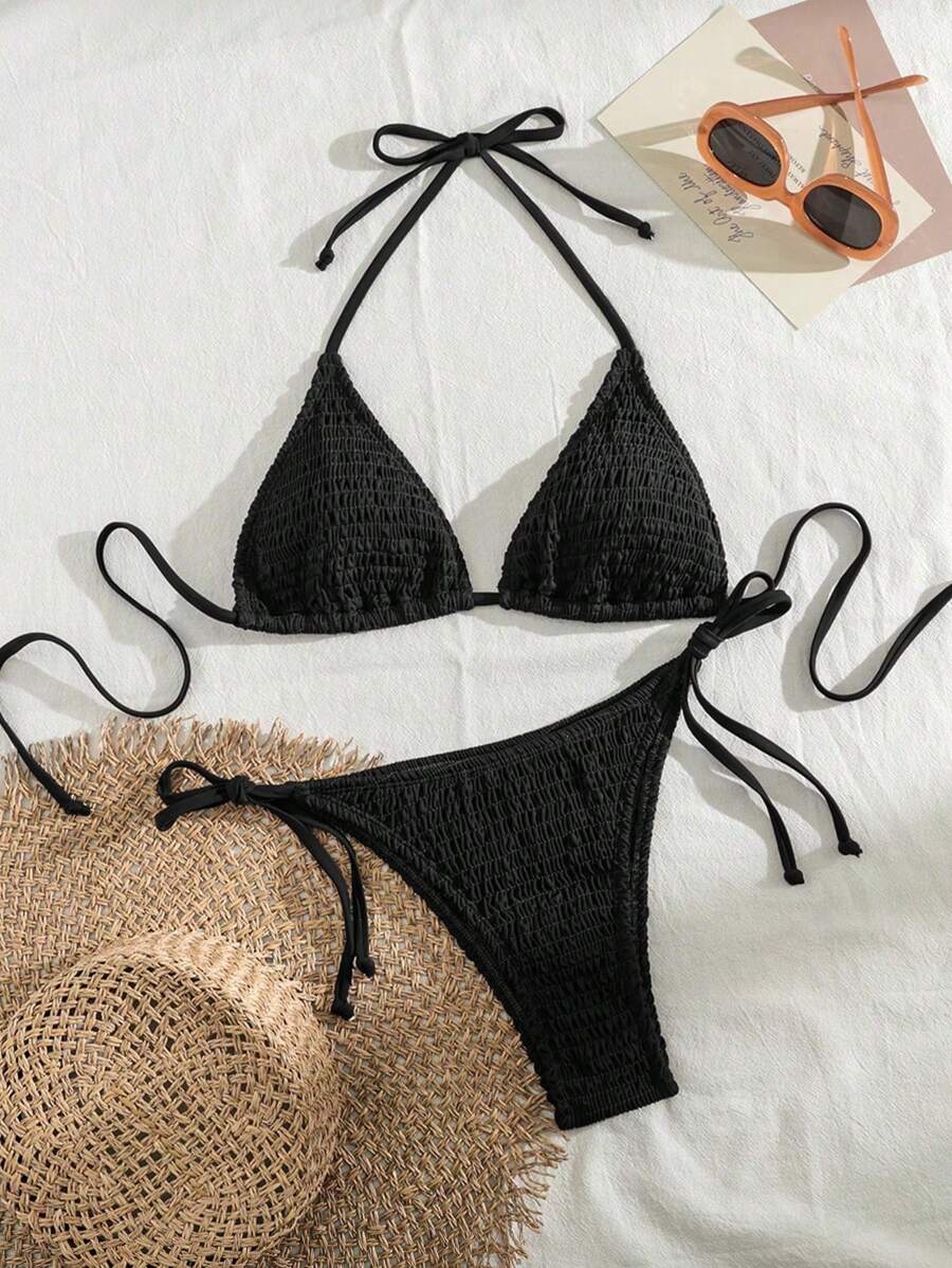Swim Basics Women's Solid Color Halter Neck Sexy Bikini Set Bathing Suit For Summer Beach