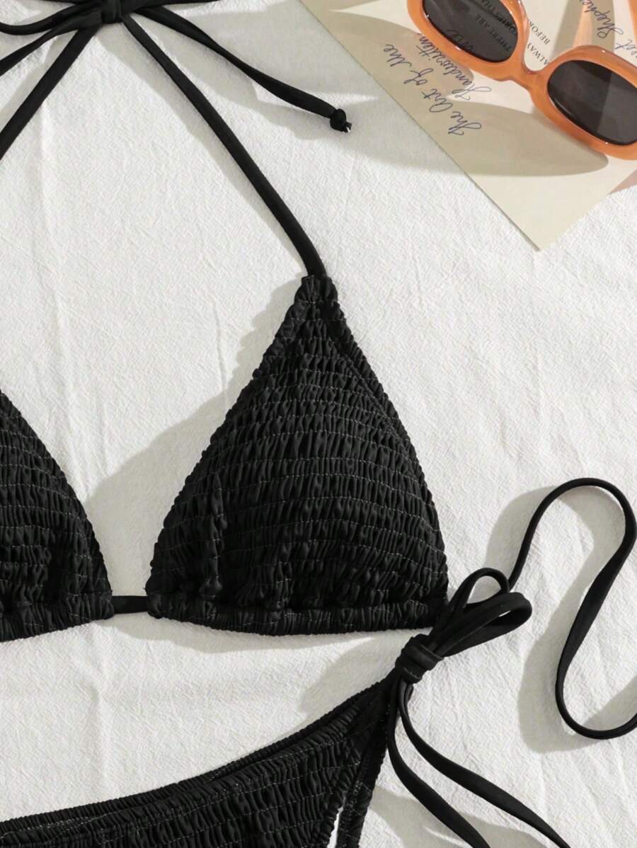 Swim Vcay Solid Color Texture Split Bikini Set, Vacation Beach For Summer
