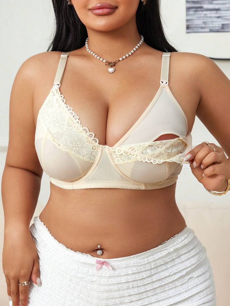 Plus Size Maternity Lingerie Bra With Hook, Underwire, Lace Patchwork, Nursing Friendly Design