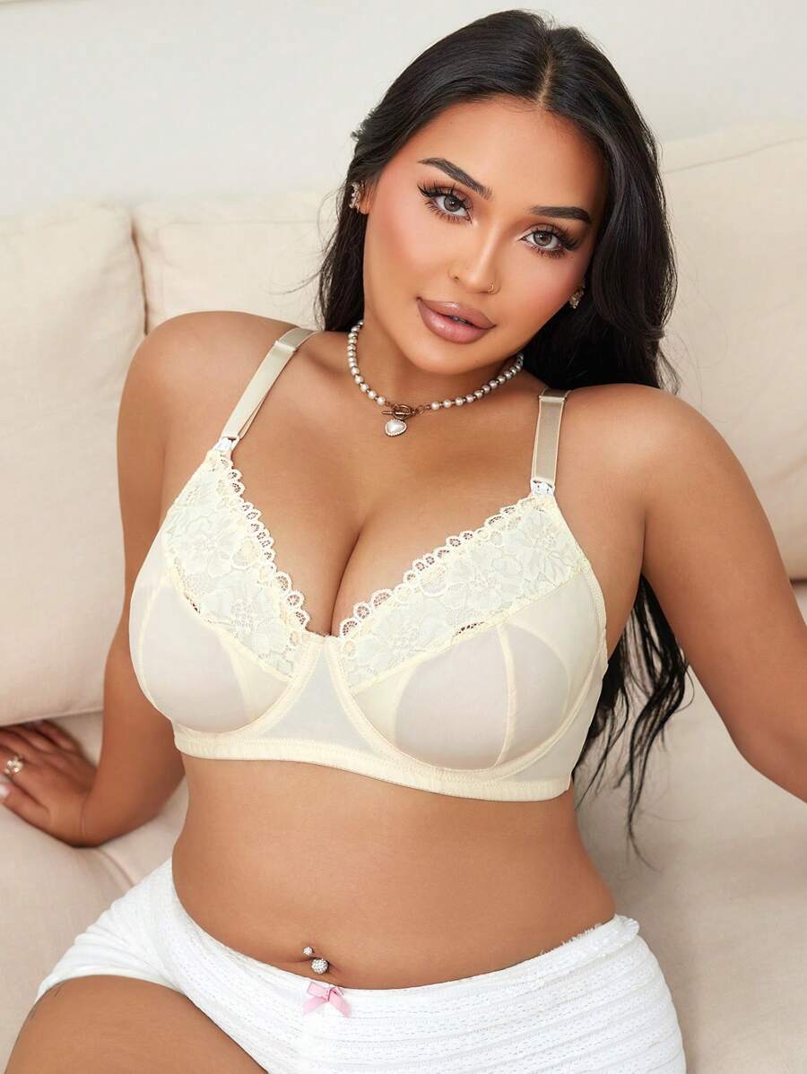 Plus Size Lace Nursing Bra - Hook Closure Underwire Lift Support, Breastfeeding Lingerie
