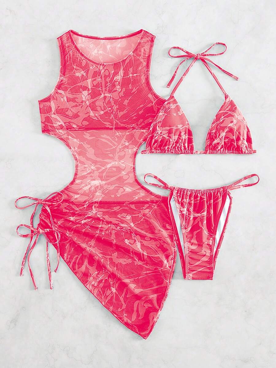 Women's 3-Piece Tie-Dye Bikini Set - Halter, Cover-Up Dress, Thongs, Green