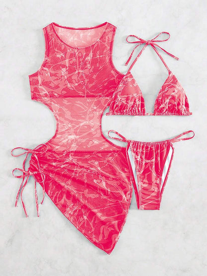 Women's 3-Piece Tie-Dye Bikini Set - Halter, Cover-Up Dress, Thongs, Green