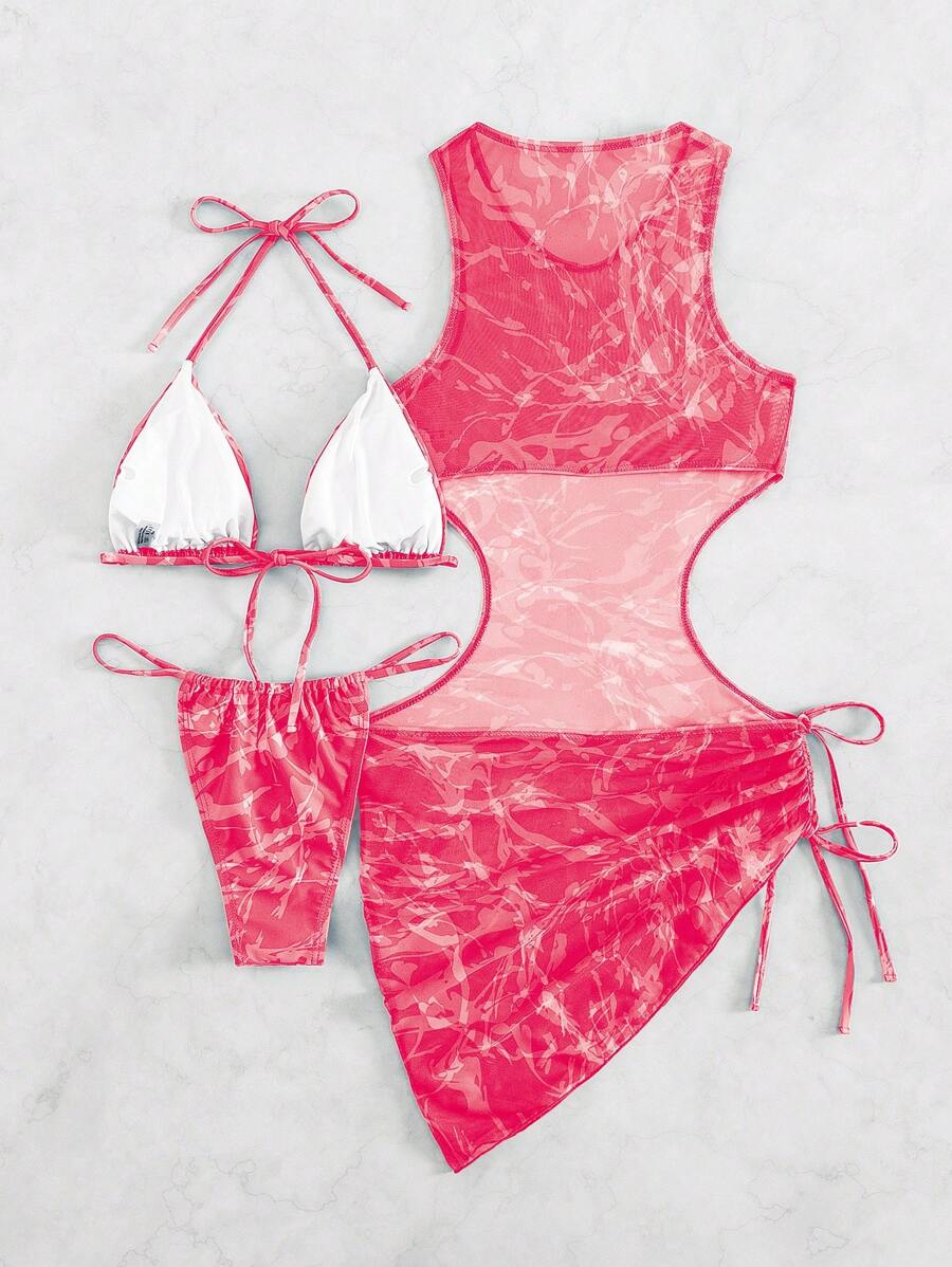 Women's 3-Piece Tie-Dye Bikini Set - Halter, Cover-Up Dress, Thongs, Green