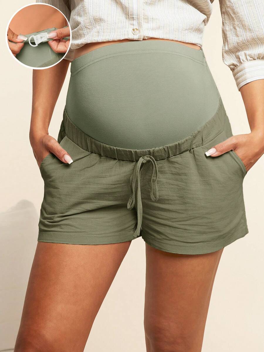 Navy Blue Striped Cotton Maternity Shorts with Pockets, High Waisted Summer Lounge Sleep Shorts with Drawstring and Elastic Waist