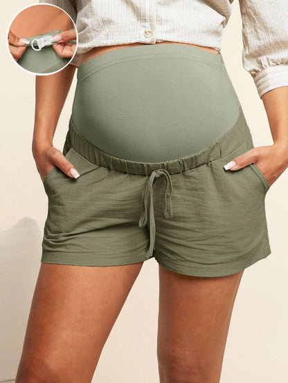 Maternity Casual Shorts - Colorblock, Adjustable Waist, Pocket, Baby Blue