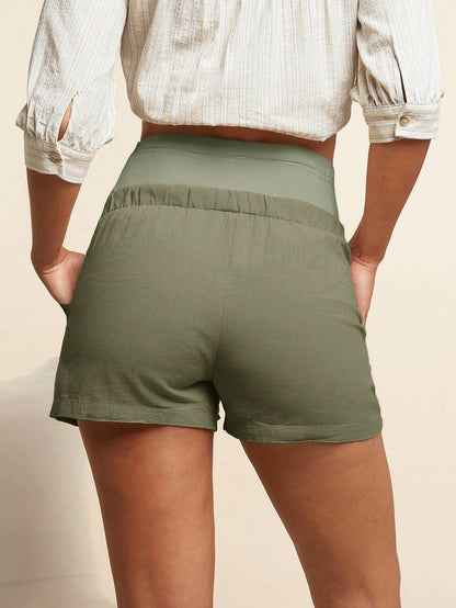 Maternity Casual High Waisted Army Green Cotton Knit Shorts with Elastic Waist and Button Detail - Soft Comfortable Pregnancy Fit
