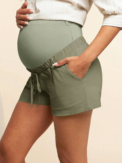 Maternity Casual High Waisted Army Green Cotton Knit Shorts with Elastic Waist and Button Detail - Soft Comfortable Pregnancy Fit