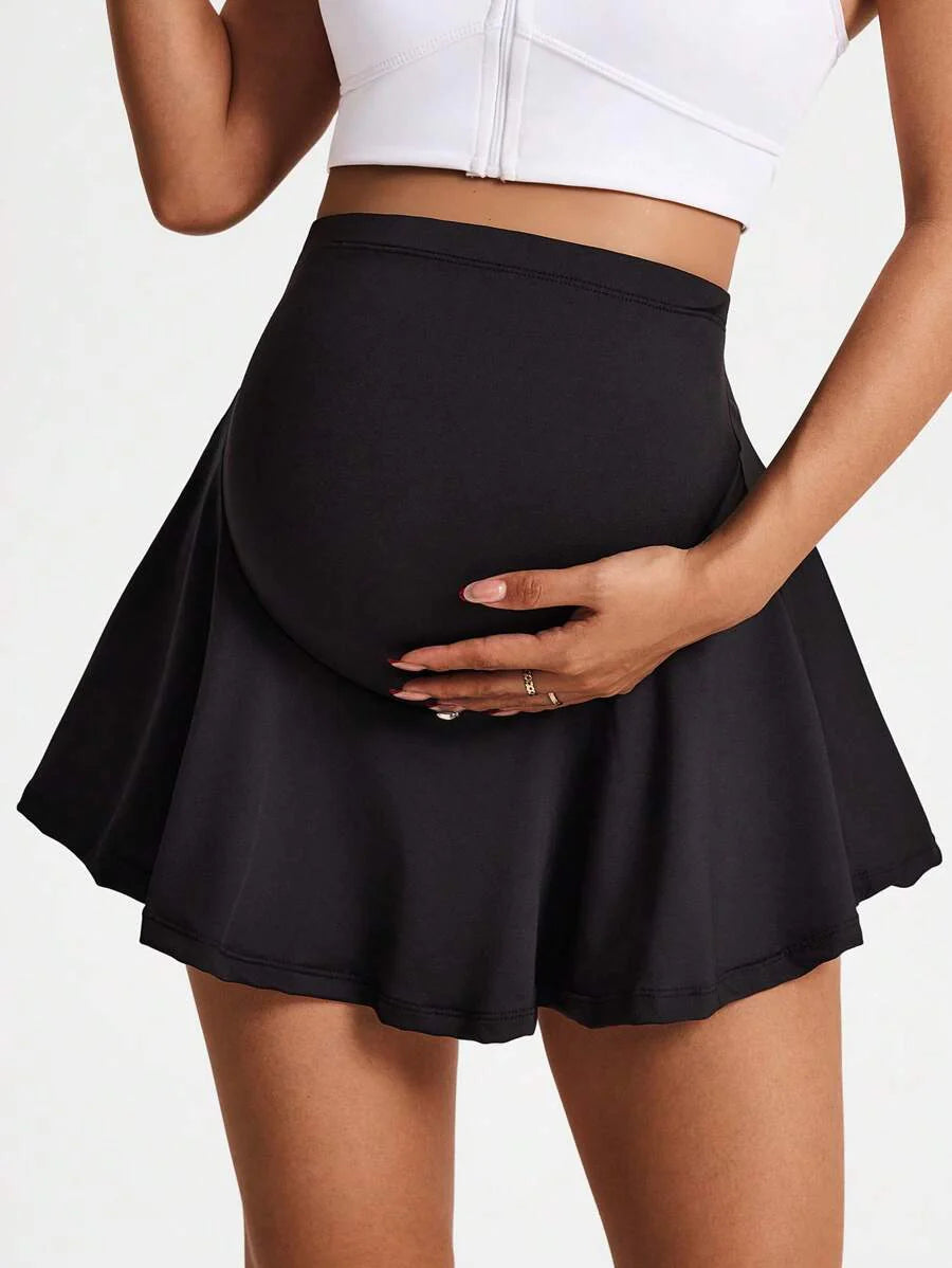 Maternity Skirt - Adjustable Waistband Solid Color Sports, Black