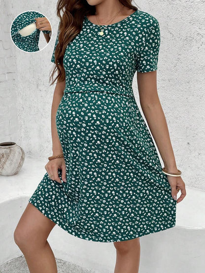 Green Ditsy Floral V Neck Short Sleeve Maternity Nursing Dress Slim Fit Short Flared Beach Vacation Wrap Style Knit Dress