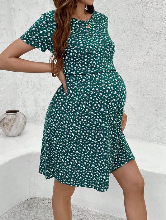 Green Ditsy Floral V Neck Short Sleeve Maternity Nursing Dress Slim Fit Short Flared Beach Vacation Wrap Style Knit Dress