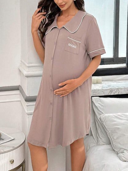 Maternity Peter Pan Collar Dress with Pocket - Black Color Block Half Sleeve Dress - Stylish High Waist Letter Embroidery Casual Maternity Wear