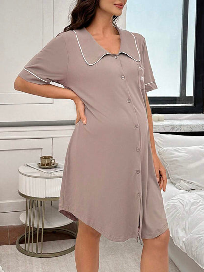 Moonlight and Mama Dusty Pink Maternity Nightgown - Letter Embroidery Peter Pan Collar Sleep Dress - High Waist V Neck Half Sleeve Loungewear