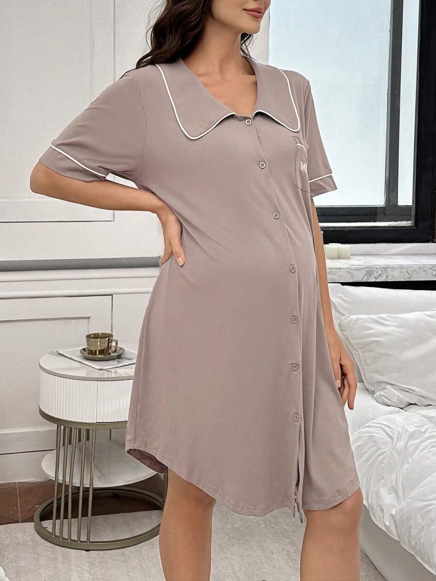 Maternity Peter Pan Collar Dress with Pocket - Black Color Block Half Sleeve Dress - Stylish High Waist Letter Embroidery Casual Maternity Wear