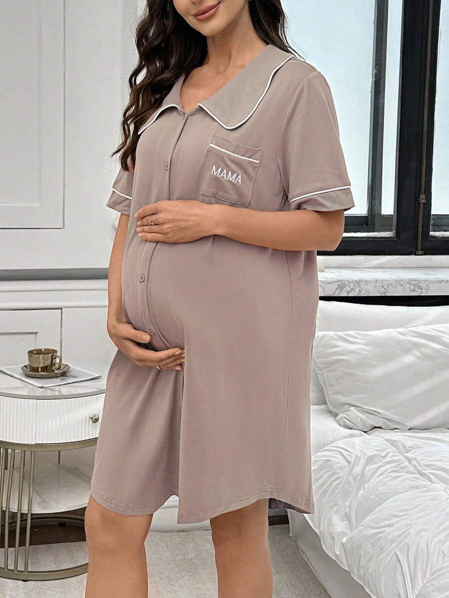 Maternity Peter Pan Collar Dress with Pocket - Black Color Block Half Sleeve Dress - Stylish High Waist Letter Embroidery Casual Maternity Wear
