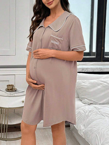 Maternity Peter Pan Collar Dress with Pocket - Black Color Block Half Sleeve Dress - Stylish High Waist Letter Embroidery Casual Maternity Wear