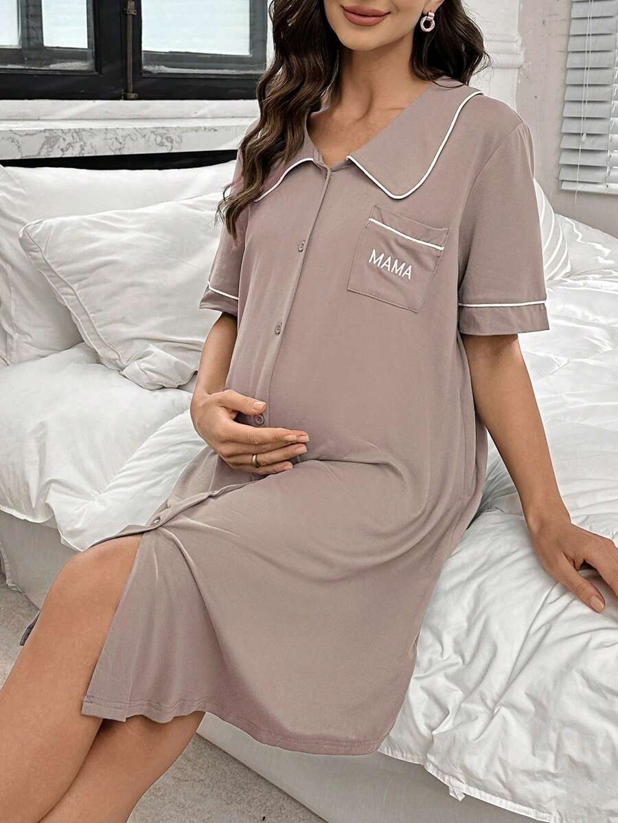 Moonlight and Mama Dusty Pink Maternity Nightgown - Letter Embroidery Peter Pan Collar Sleep Dress - High Waist V Neck Half Sleeve Loungewear