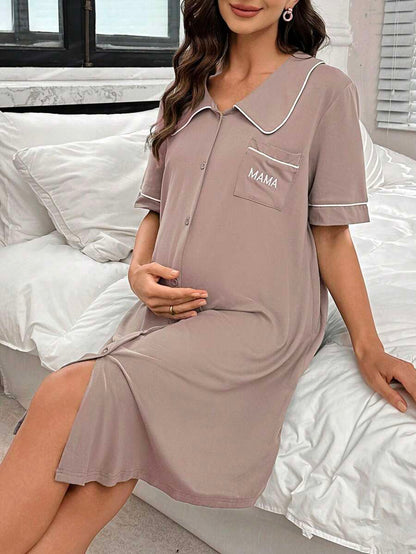 Maternity Peter Pan Collar Dress with Pocket - Black Color Block Half Sleeve Dress - Stylish High Waist Letter Embroidery Casual Maternity Wear