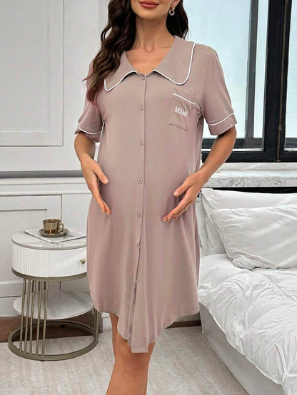 Maternity Peter Pan Collar Dress with Pocket - Black Color Block Half Sleeve Dress - Stylish High Waist Letter Embroidery Casual Maternity Wear