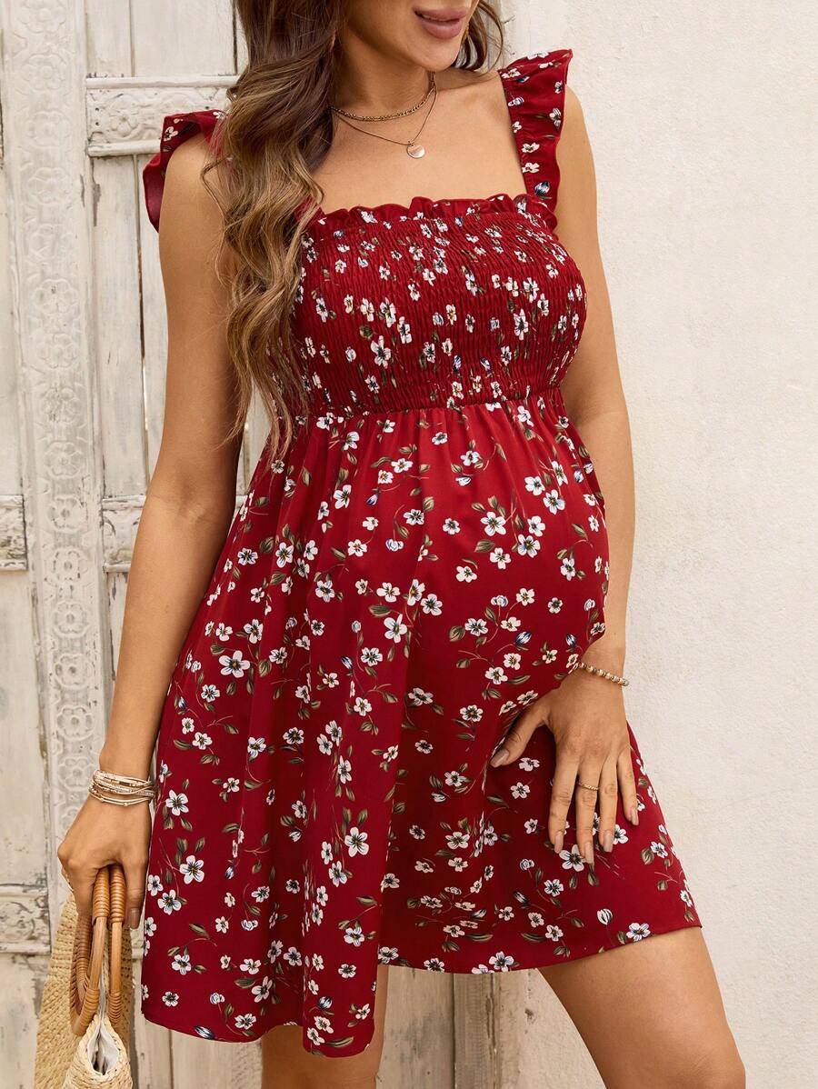 Maternity Ditsy Floral A-Line Dress with Ruffled Cap Puff Sleeves and Square Neck Boho High Waist Short Summer Dress for Daily Wear