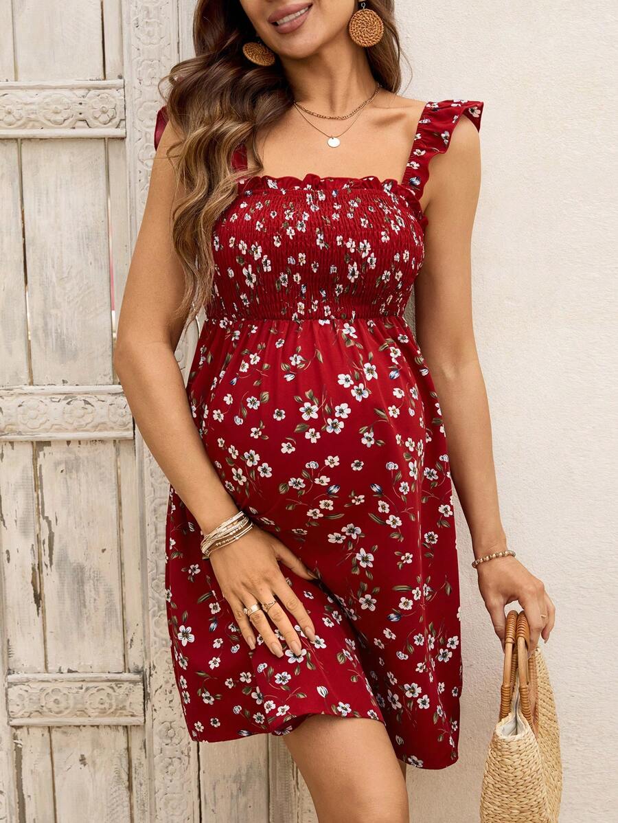 Maternity Ditsy Floral A-Line Dress with Ruffled Cap Puff Sleeves and Square Neck Boho High Waist Short Summer Dress for Daily Wear