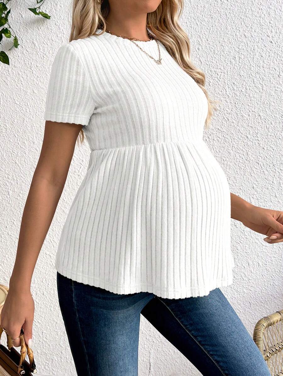 Maternity Apricot Short Sleeve Ruffle Hem Long Tunic Top - Slim Fit Ribbed Knit Casual Round Neck Flared Maternity Shirt